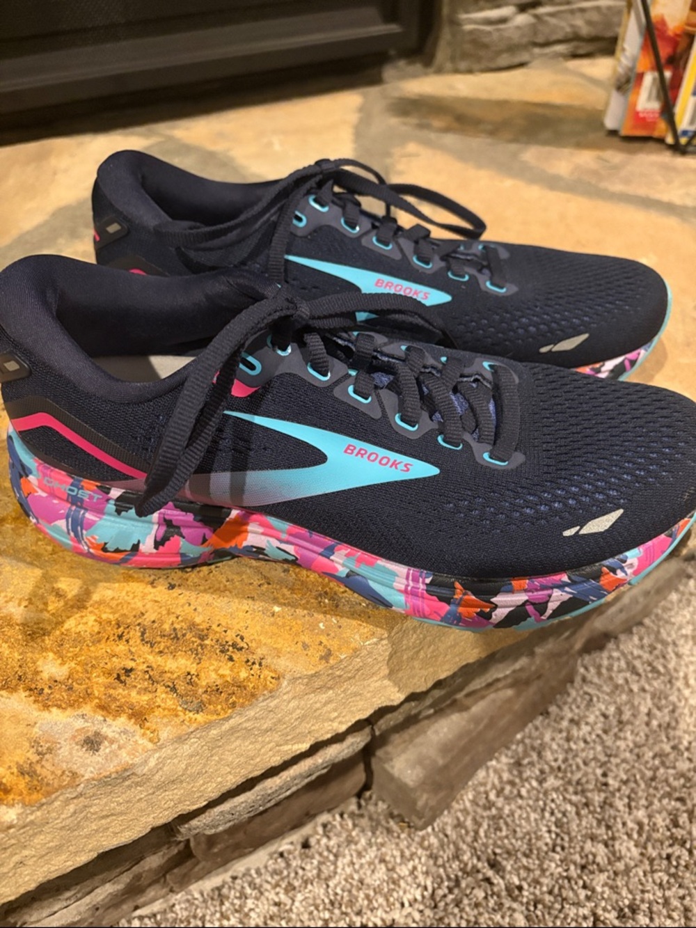 Brooks navy & aqua women's running shoes with colorful patterned midsole